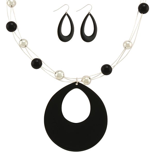 Accessories Silvertone And Black Teardrop Pendant And Earring Set 77737-SET-21