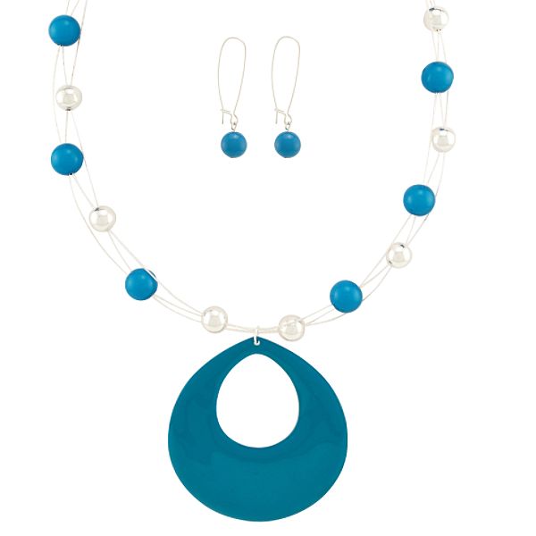 Accessories Silvertone And Turquoise Teardrop Pendant And Earring Set 77737-SET-34