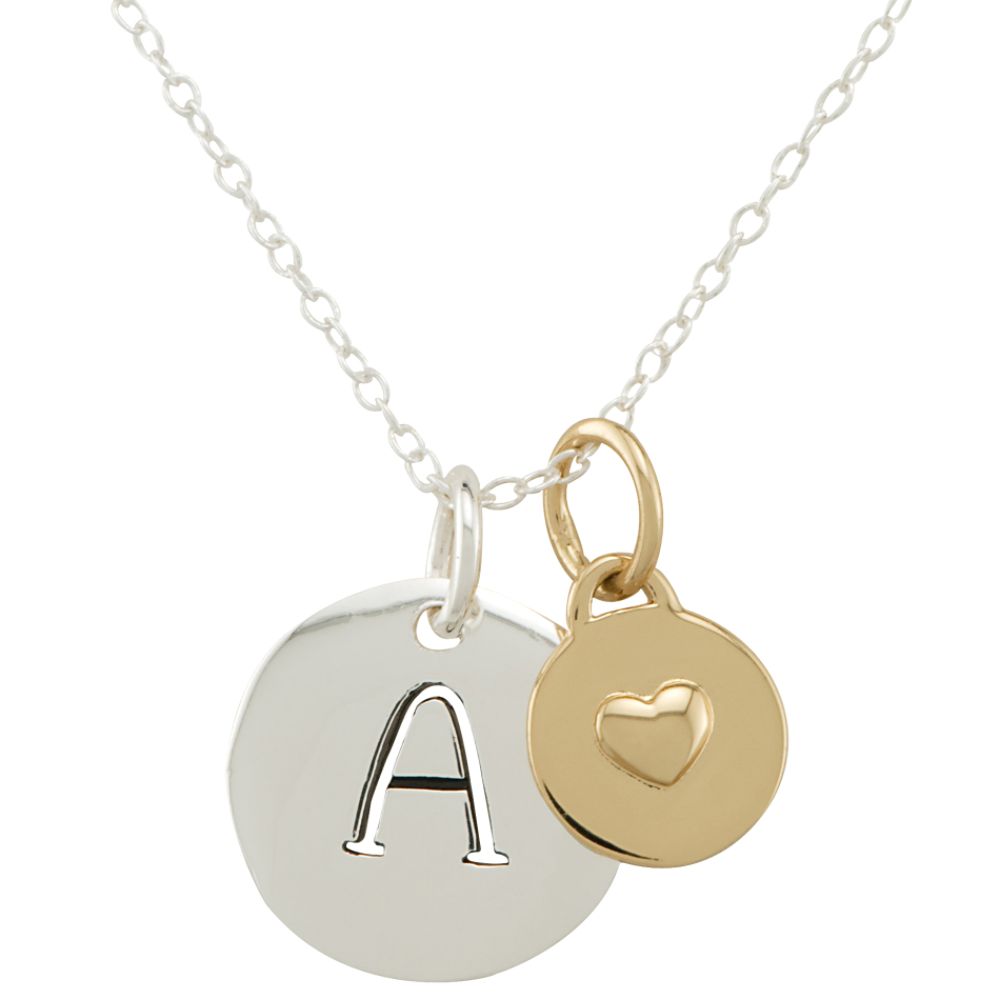 Sterling Silver A Initial Pendant with Gold Heart
