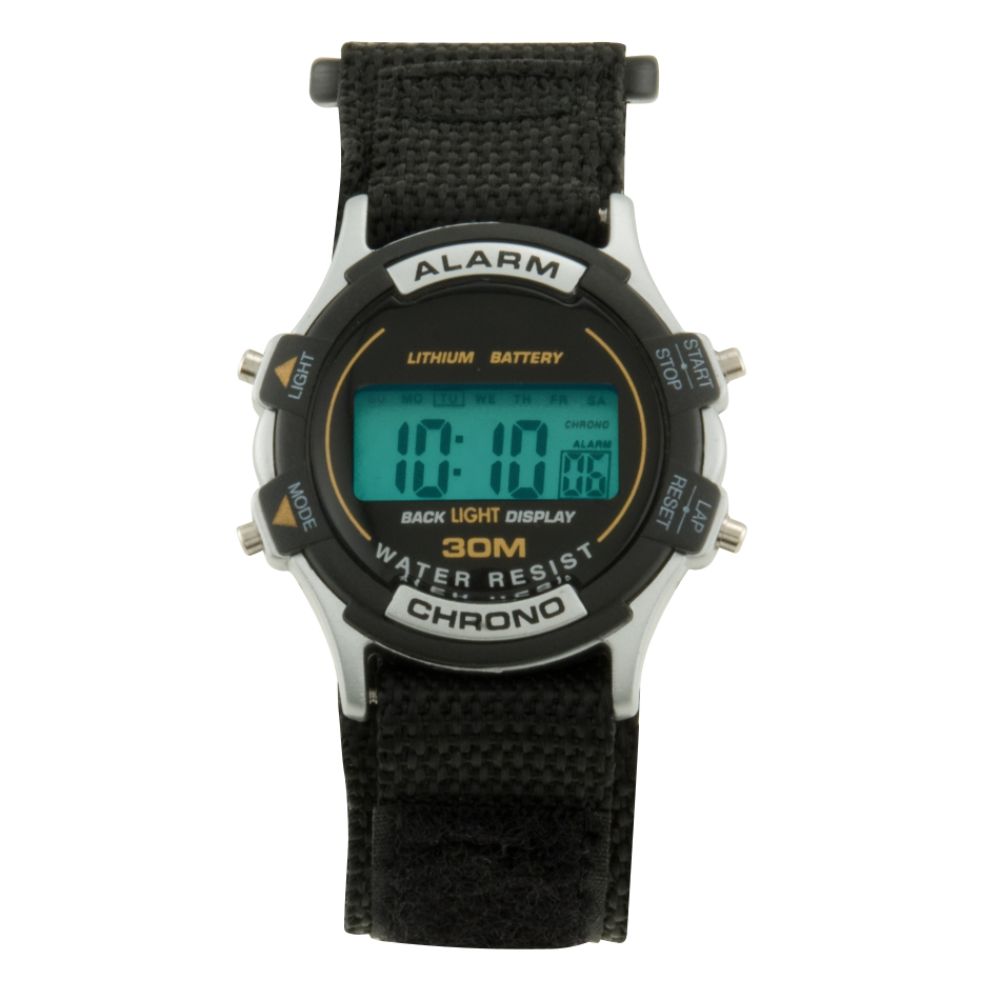 Mens Calendar Day Watch w/Round Case, Digital Dial & Black Faststrap Band