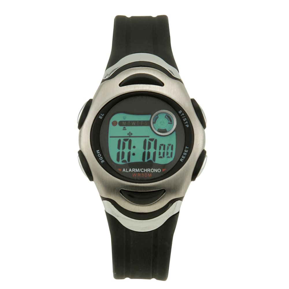 Mens Calendar Date Chronograph Watch w/Dk Gray Digital Dial & Black Resin Band