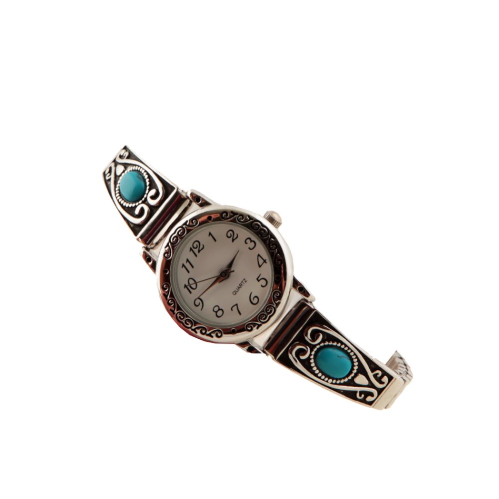 Ladies Fashion Watch with White Dial and Turquoise Stone & Silvertone Band