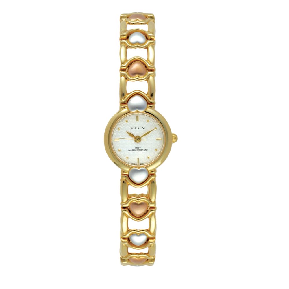 Elgin Ladies Silver Dial Round Case Tricolor Heart Shape Bracelet Watch