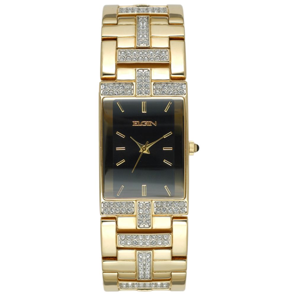 Elgin Mens Black Dial Gold Tone Rectangle Case Watch