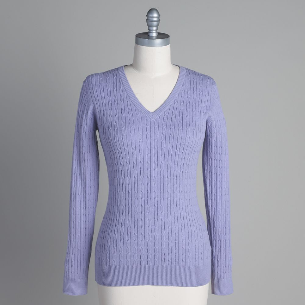 Basic Editions Women's Long Sleeve V-Neck Cable Knit Sweater