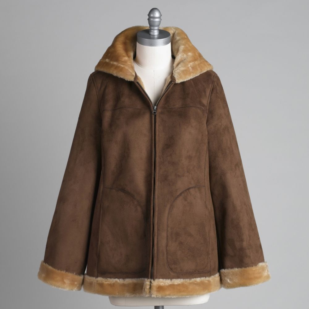 Jaclyn Smith Women's Plus Faux Trim Shearling Hooded Coat