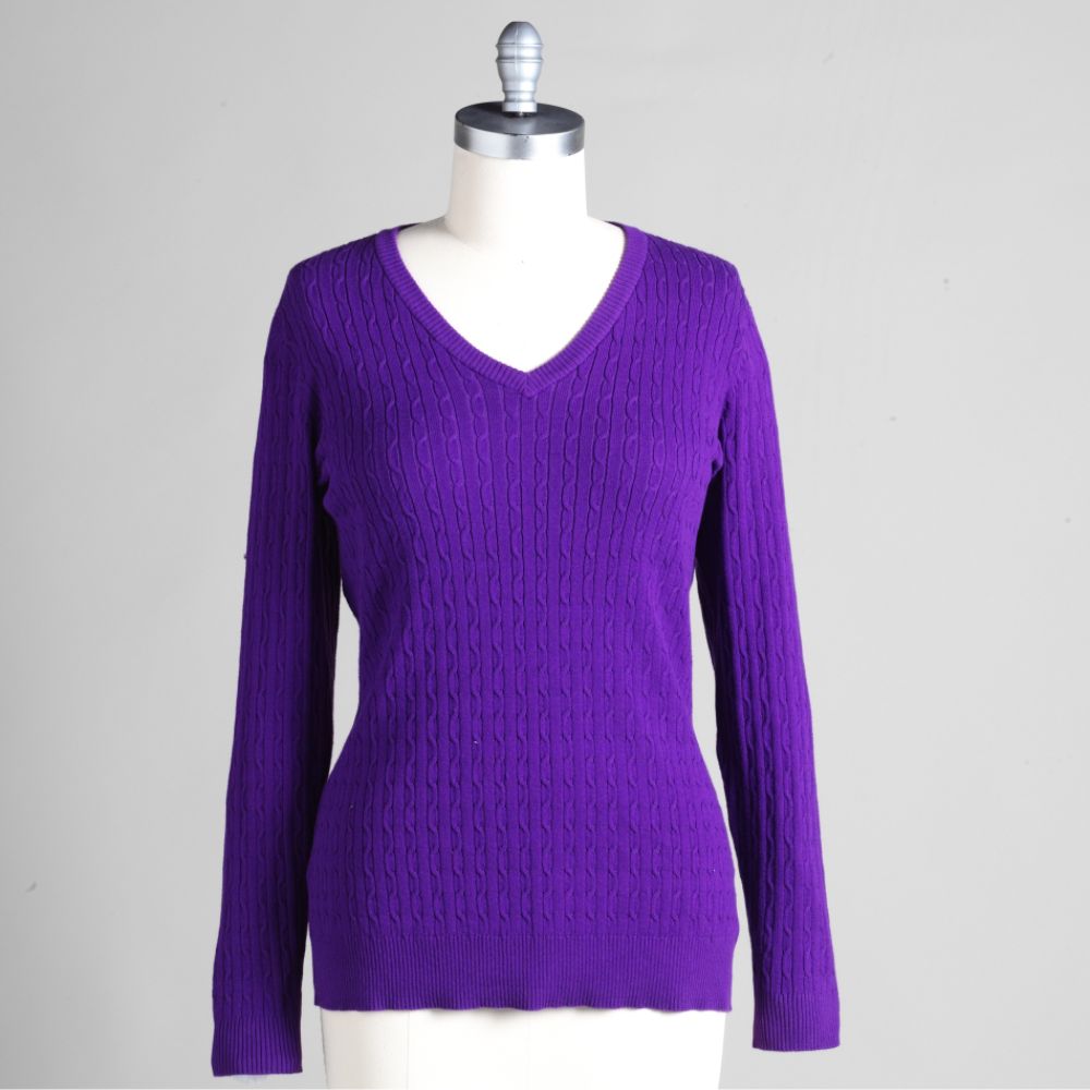 Basic Editions Women's Plus Cable Knit V-Neck Sweater