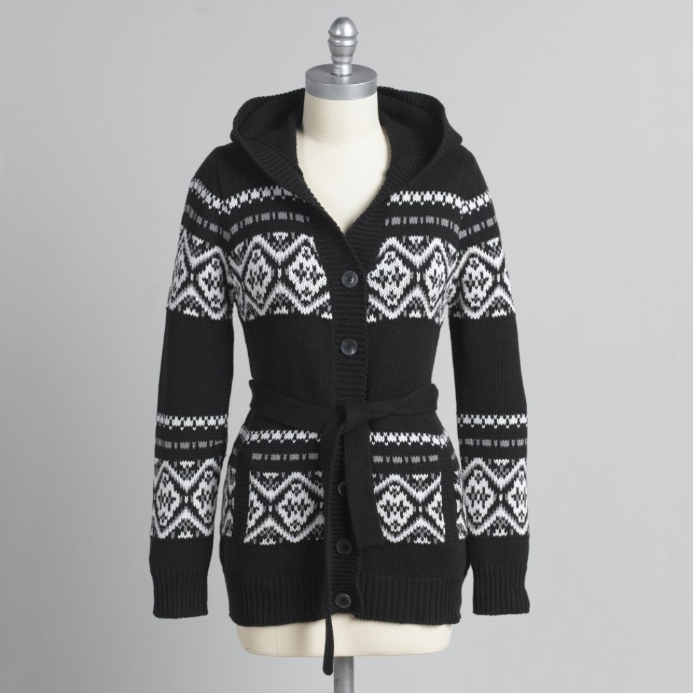 Basic Editions Women's Fairisle Belted Hooded Sweater
