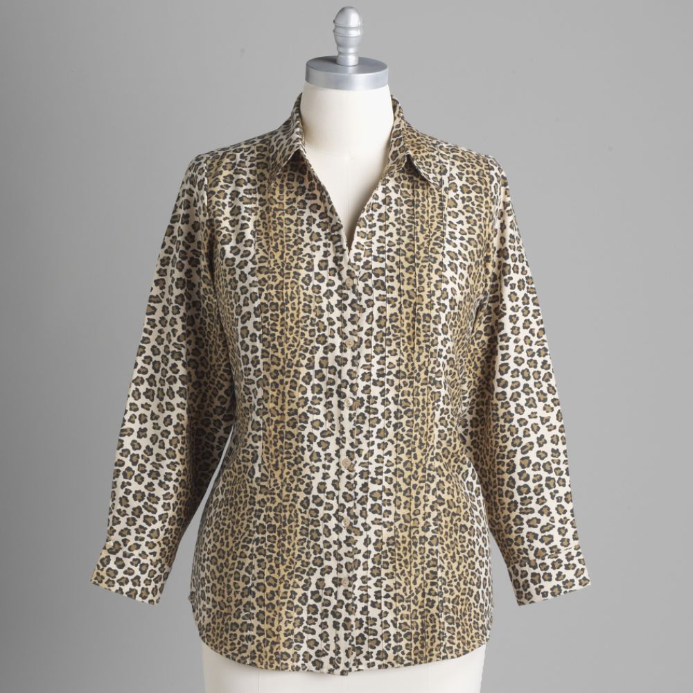 Basic Editions Women's Plus Pintuck Leopard Print Shirt