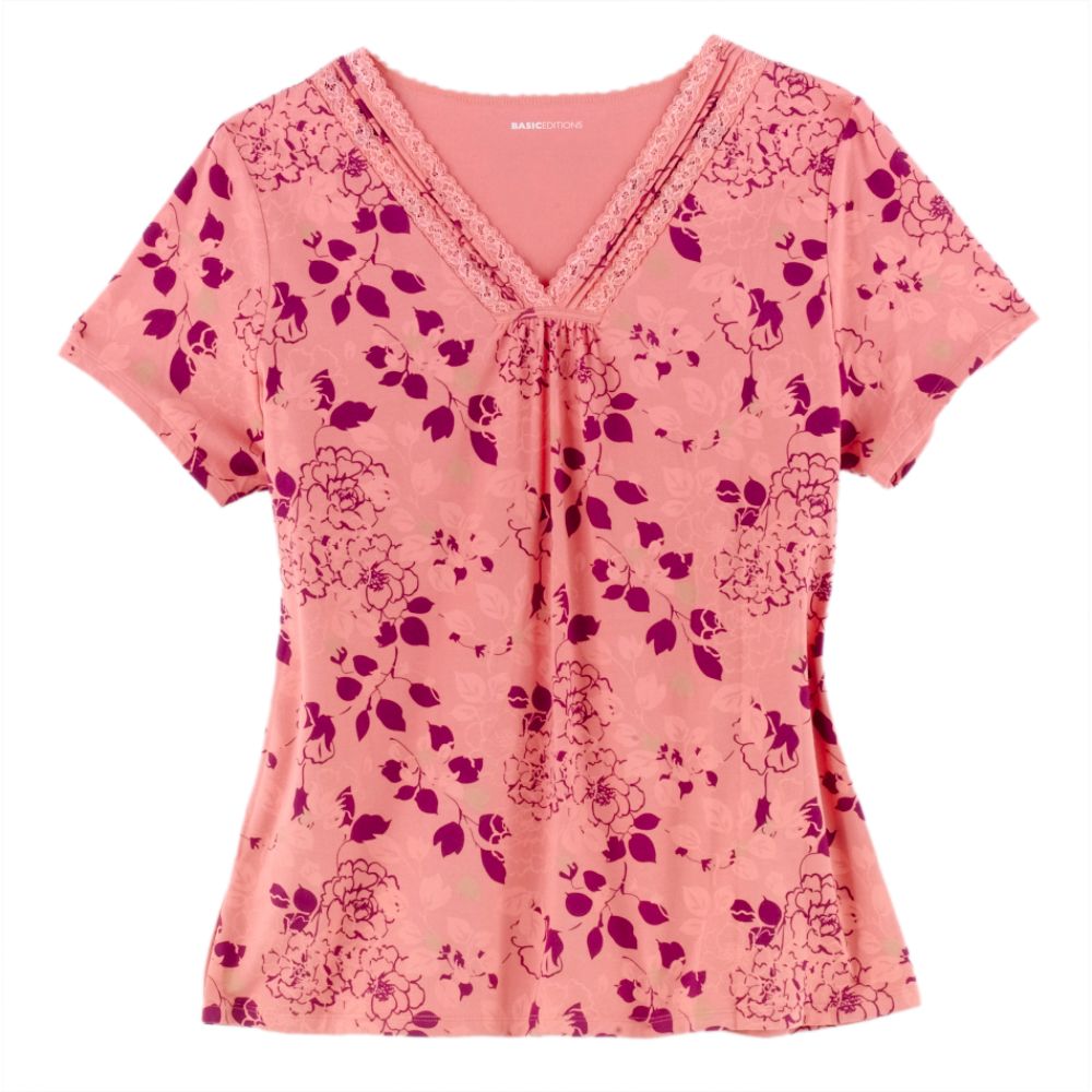 Basic Editions Women's Plus Floral Print Lace Trim Top
