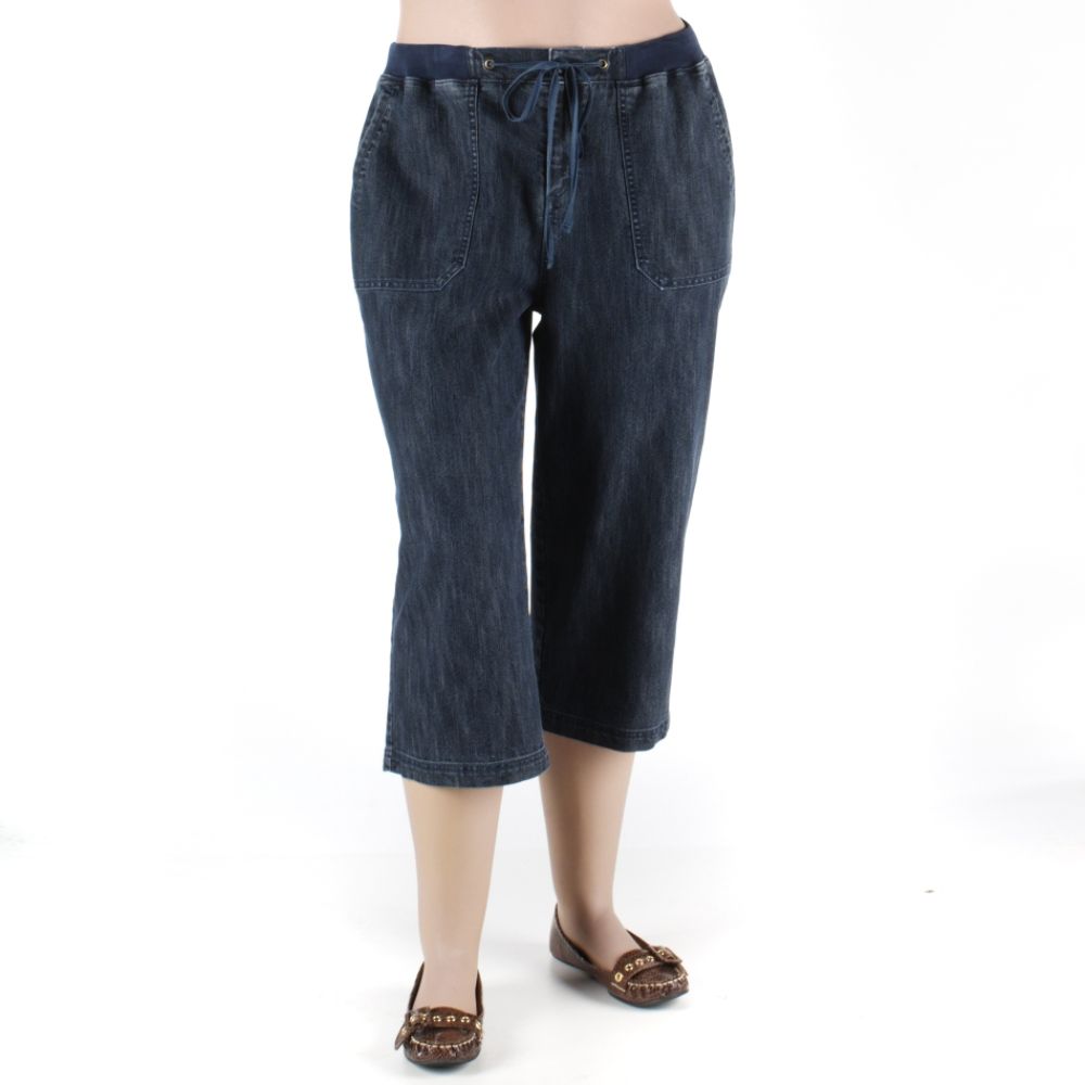 Basic Editions Women's Plus Drawstring Elastic Waistband Denim Capri Pants