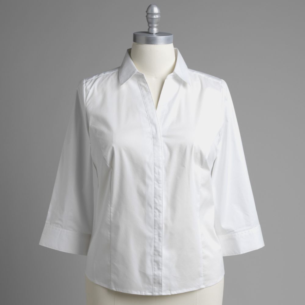 Basic Editions Women's Plus 3/4 Sleeve Woven Button Front Solid Shirt