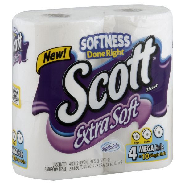 Scott Extra Soft Bathroom Tissue, Unscented, Mega, One Ply, 4 rolls