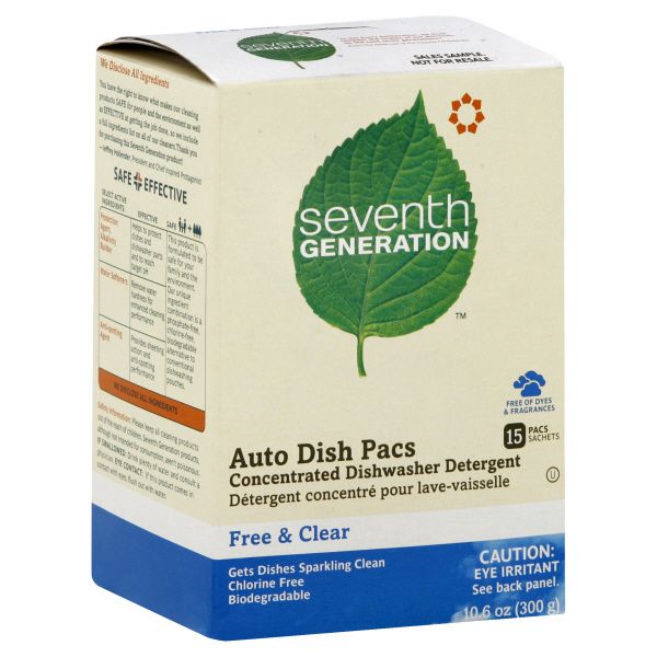 Seventh Generation Dishwasher Detergent, Concentrated, Auto Dish Pacs, Free & Clear, 15 pacs [10.6 oz (300 g)]