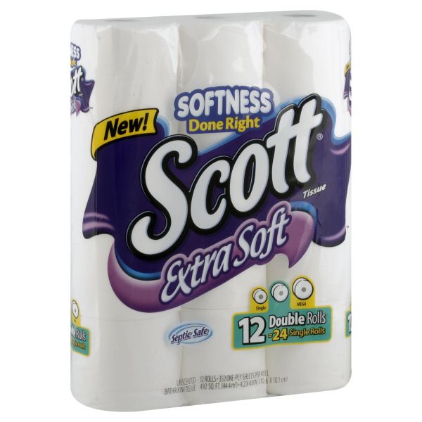 Scott Extra Soft Bathroom Tissue, Double, Unscented, One Ply, 12 double rolls