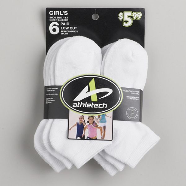 Athletech Girls 6 Pair Sports Low Cut White Socks