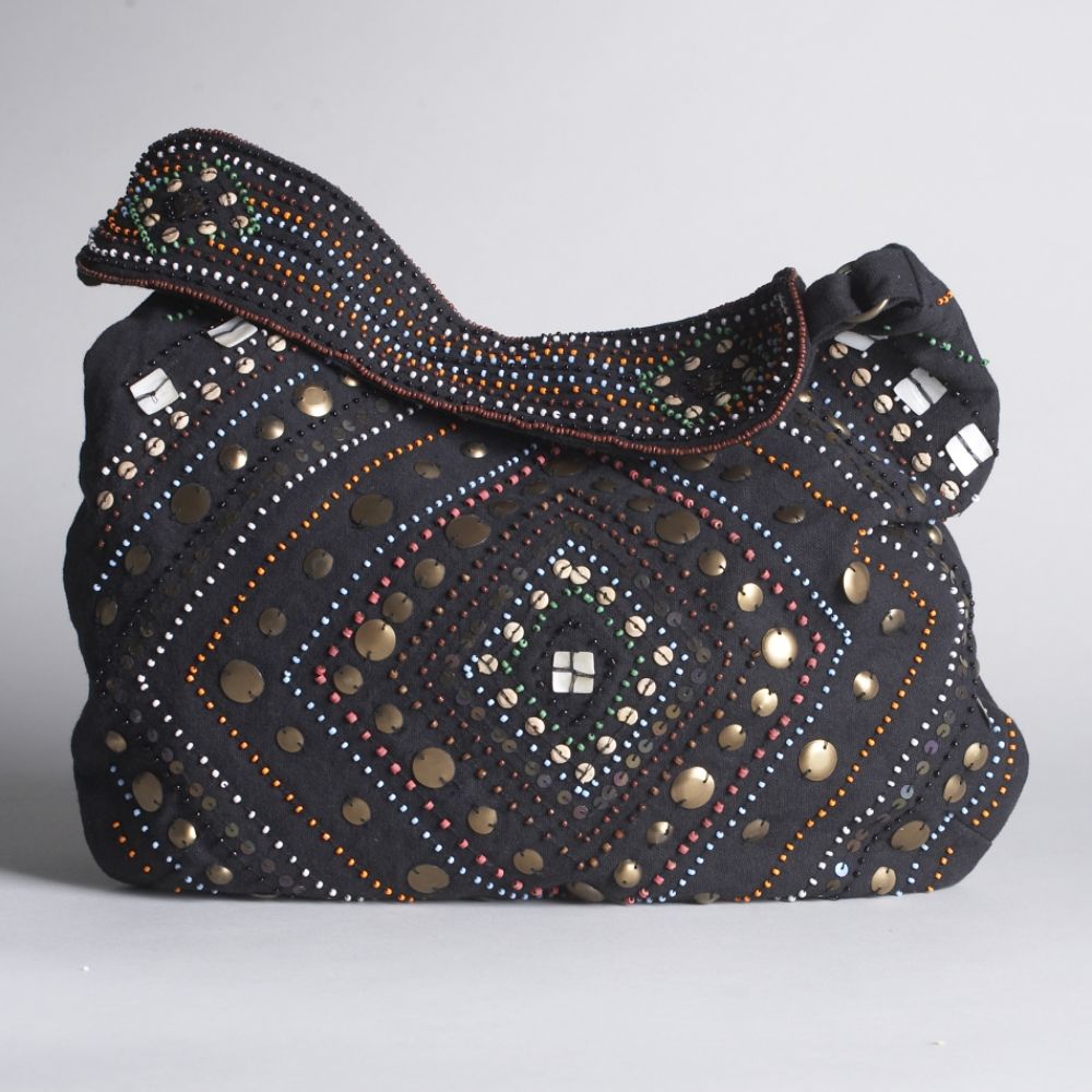 Beaded Hobo Handbag - Black