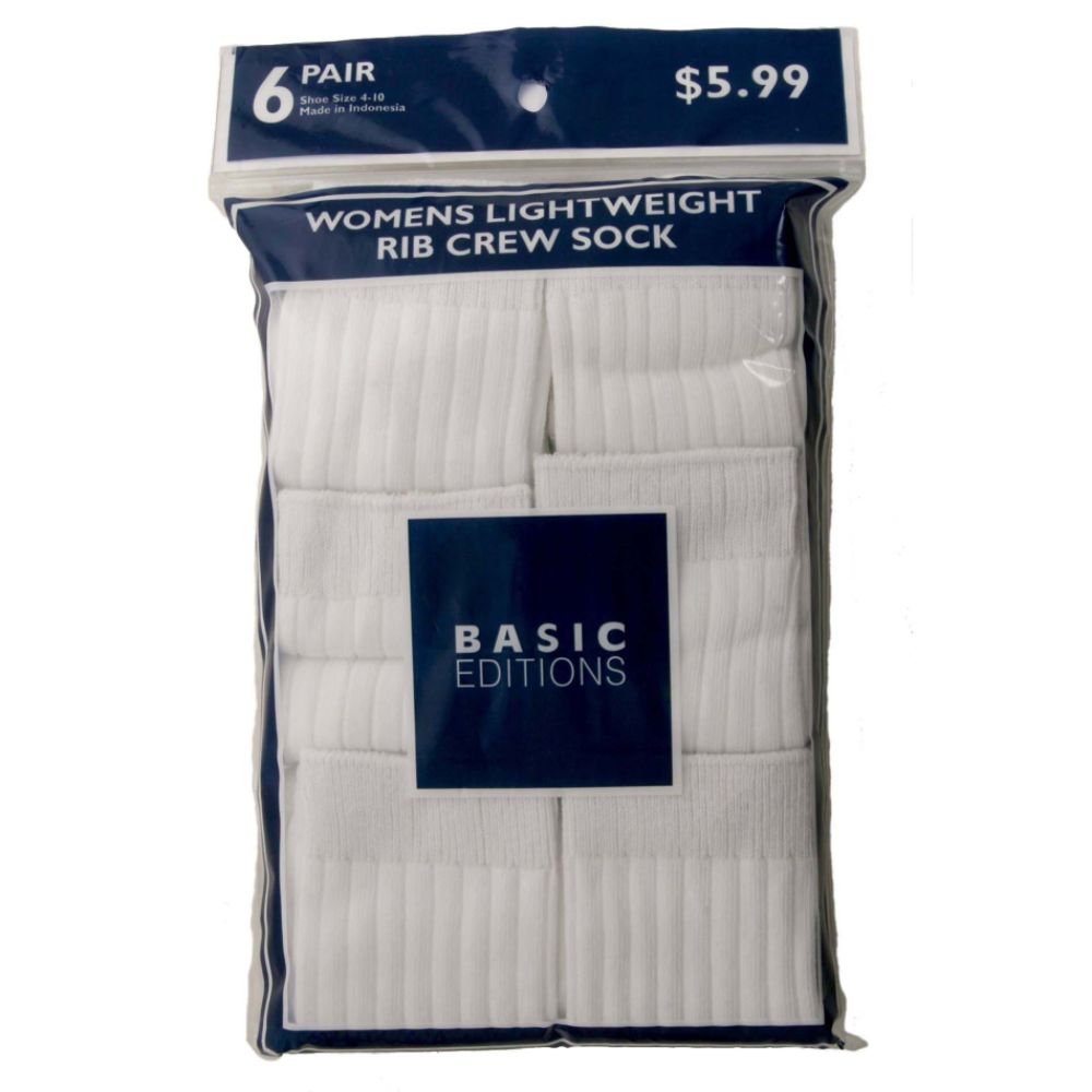 Women's Lightweight Ribbed Crew Socks - 6 Pair Pack