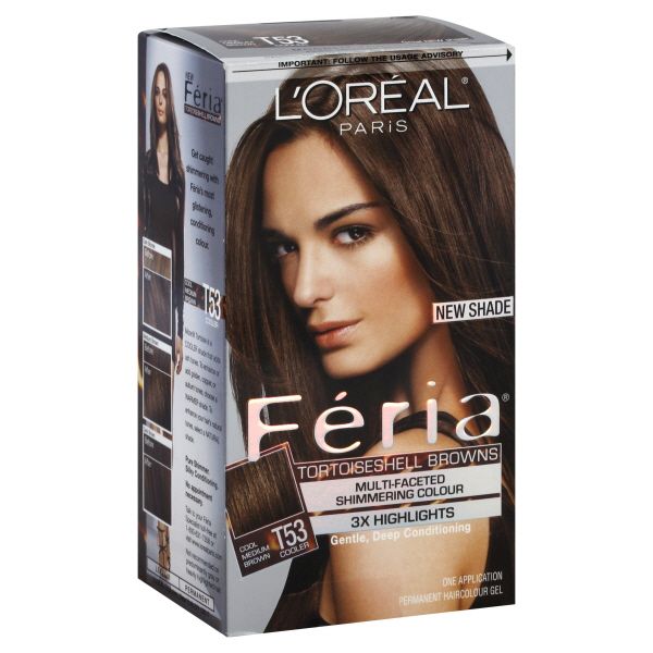 L'Oreal Feria Permanent Haircolour Gel, Cool Medium Brown T53, 1 application