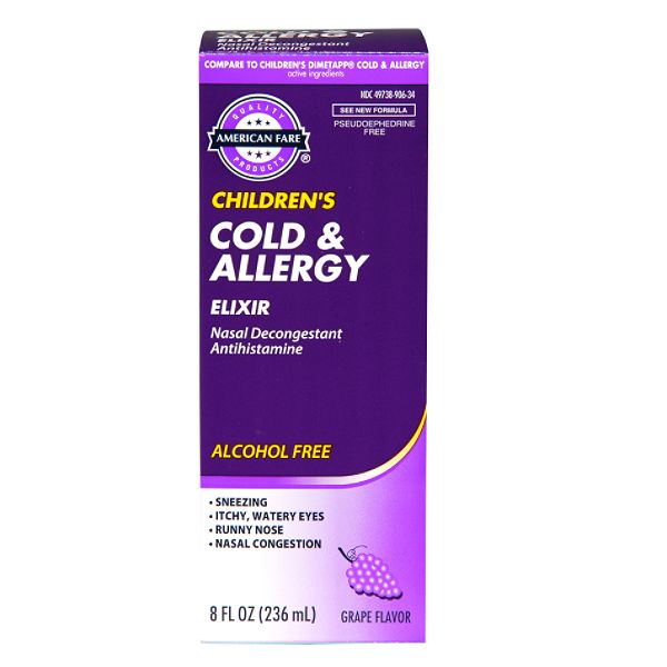 American Fare Children&rsquo;s Cold And Allergy Elixir Alcohol Free Grape 8 90634