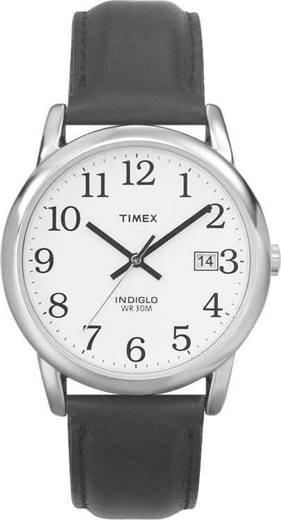 Timex Mens Calendar Date Watch w/Round ST Case, White Dial & Black Leather Band