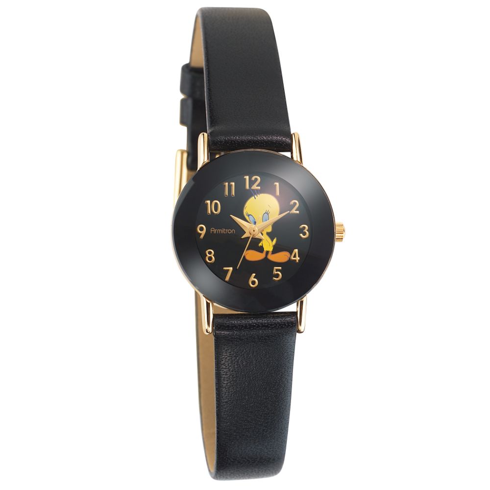 Armitron Tweety Quartz Watch with Round Black Dial and Black Leather Band