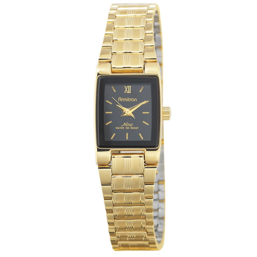Armitron Ladies Dress Watch w/Rectangle Black Dial and Goldtone Link
