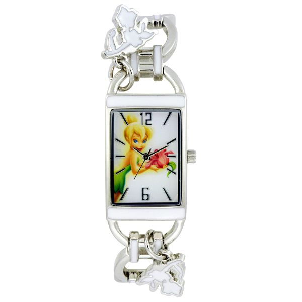 Disney Girls Tinkerbell Watch w/Rectangle White Dial & Silvertone Link Bracelet Band