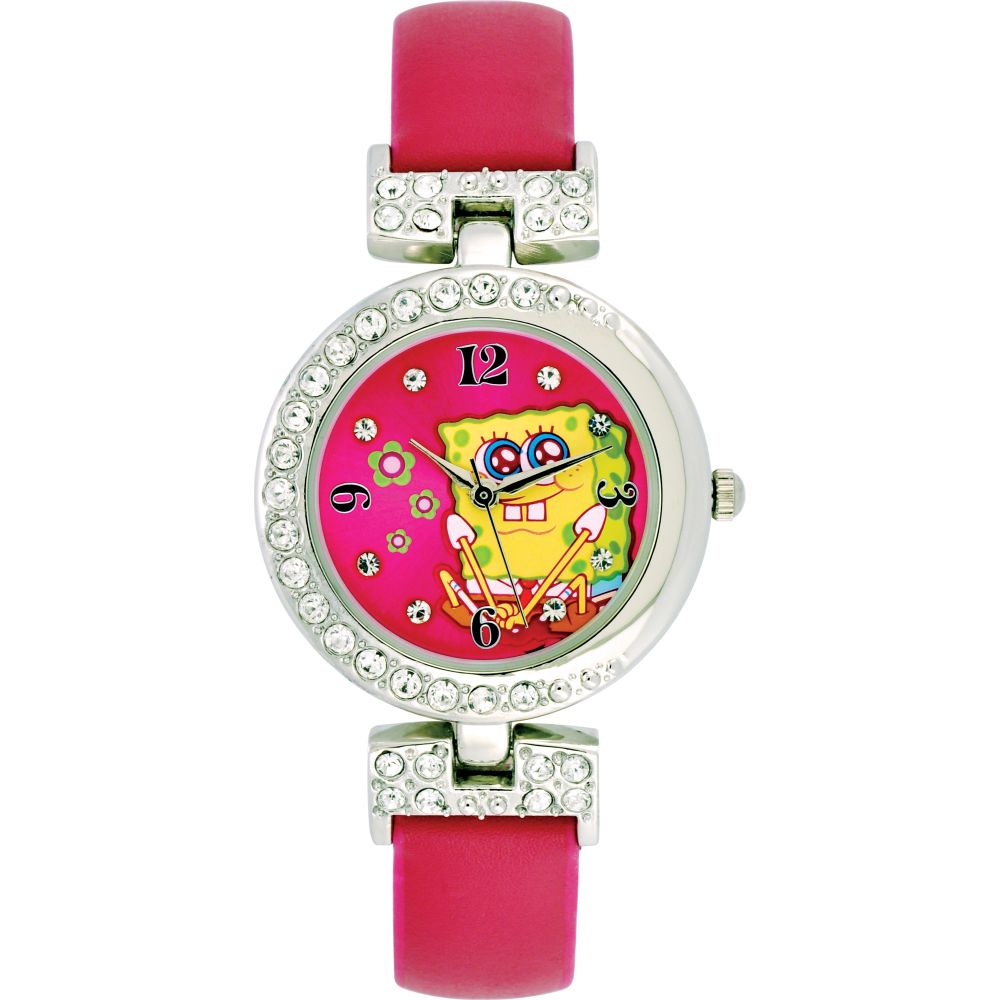 Sponge Bob Girls Watch w/Silvertone Crystal Case, Pink Dial & Leather Band
