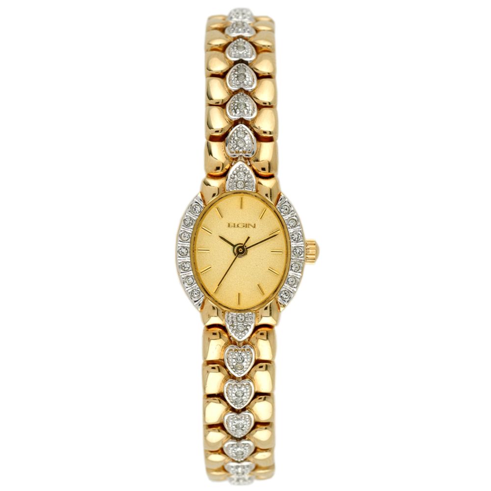 Elgin Ladies Watch with Crystal Silver Sunray Oval Dial and GT Heart Detail Band