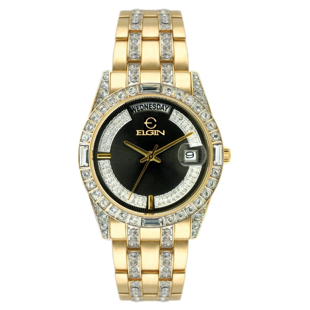 Elgin Mens Calendar Day/Date Watch w/Crystal Goldtone Case/Black Dial & GT Link Band