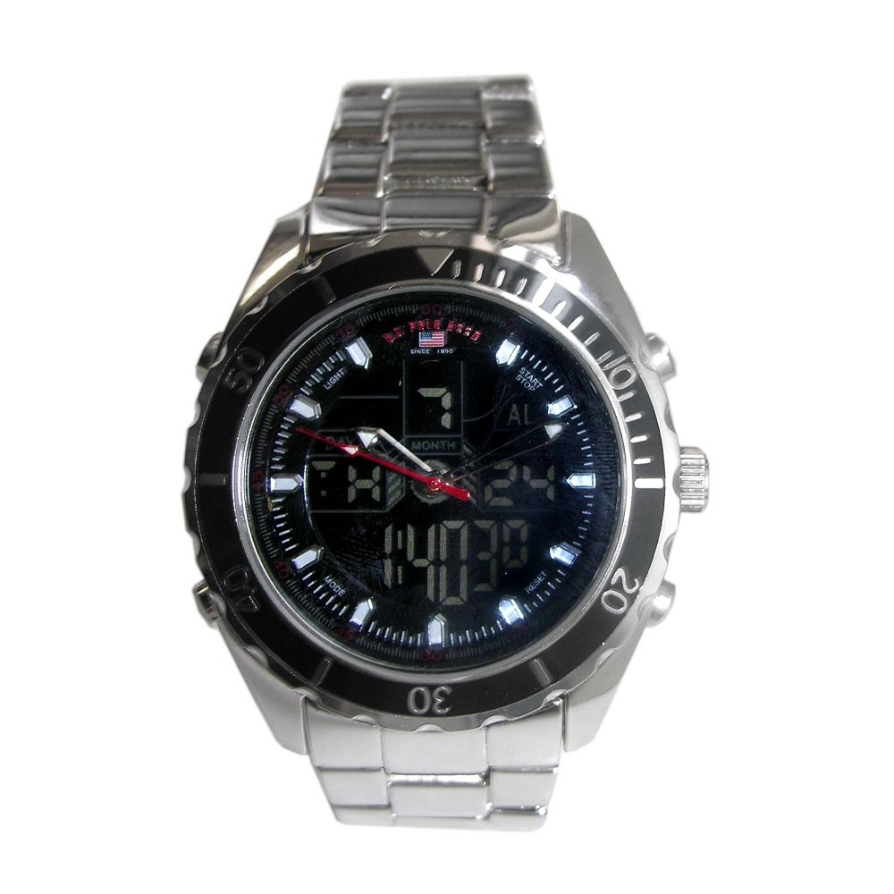 US Polo Assn. Mens Calendar Day/Date Watch with Round Black Dial & Silver Two-Tone Link Band