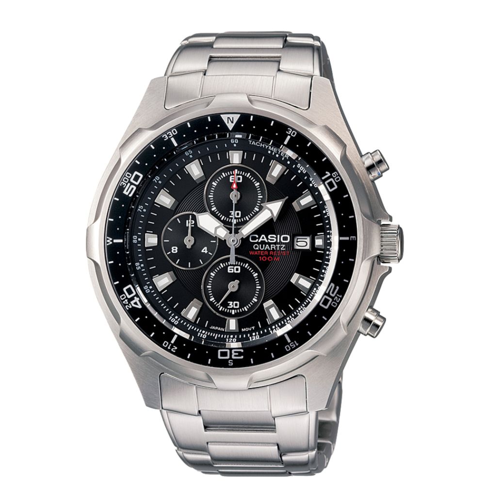 Casio Mens Calendar Date Chronograph Watch w/Round Black Dial & Silvertone Link Band at Sears.com