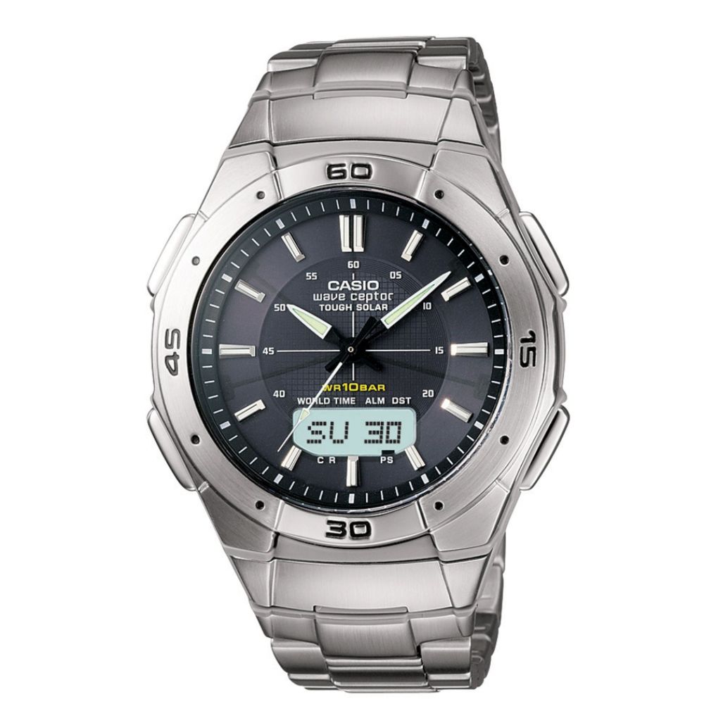 Casio Mens Calendar Day/Date Atomic Watch w/Round Black Dial & Silvertone Link Band at Sears.com