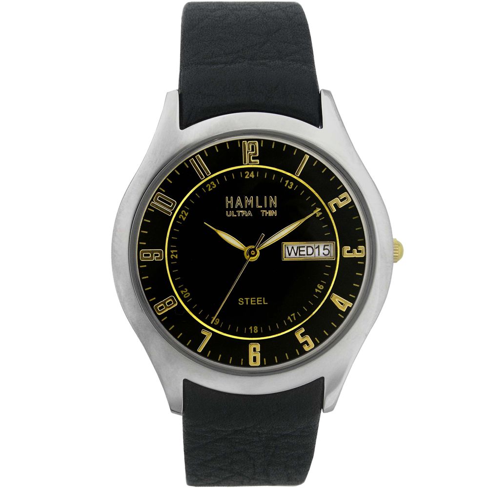 Hamlin Mens Calendar Day/Date Watch w/Silvertone Case, Black Dial and Leather Band at Kmart.com