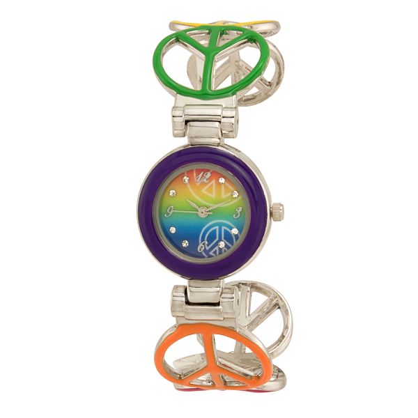 Ladies Watch with Multi-color Peace Sign Dial & Peace Signs Link Bangle 