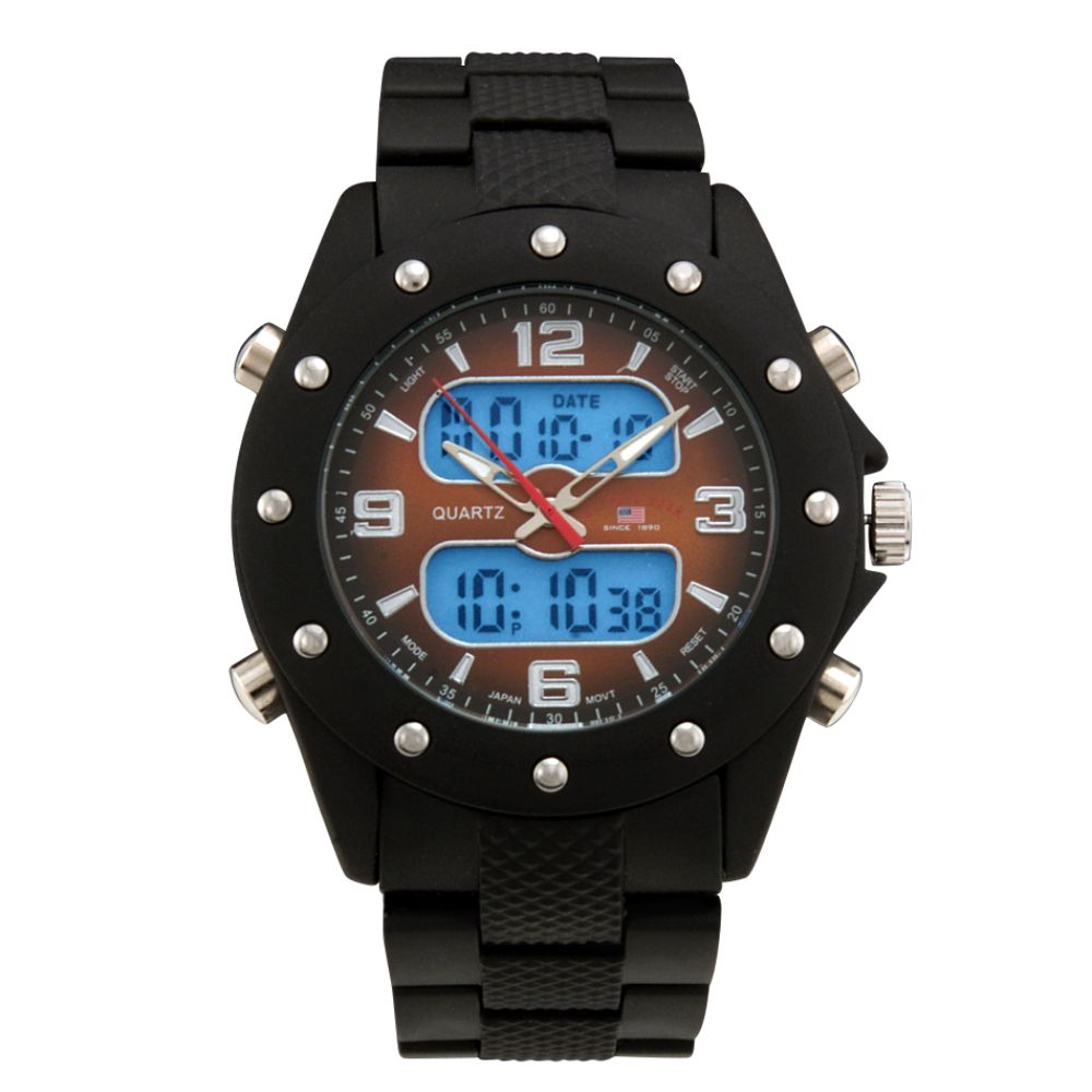 US Polo Assn. Mens Calendar Date Watch w/Round Black Case, Two Tone Dial and Black Band