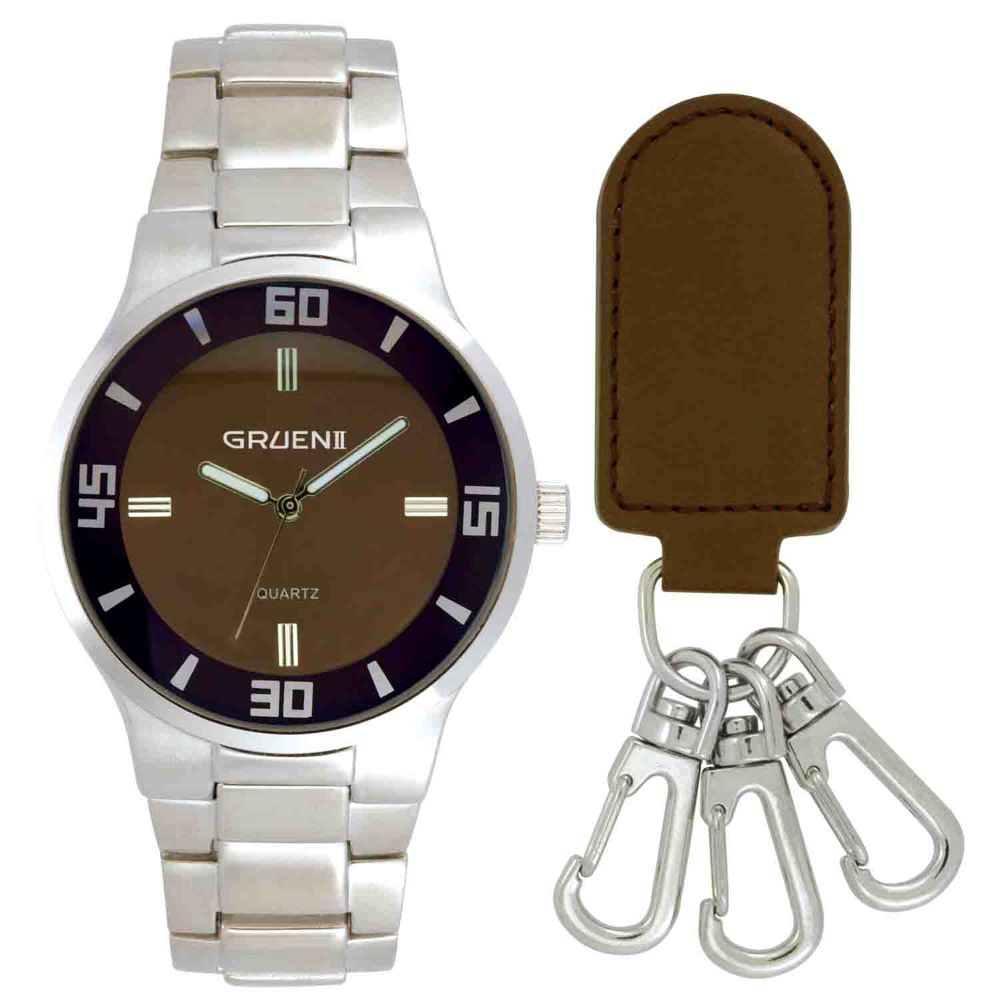 Gruen Mens Watch with Round Brown Dial, Silvertone Band and Key Ring Gift Set at Sears.com