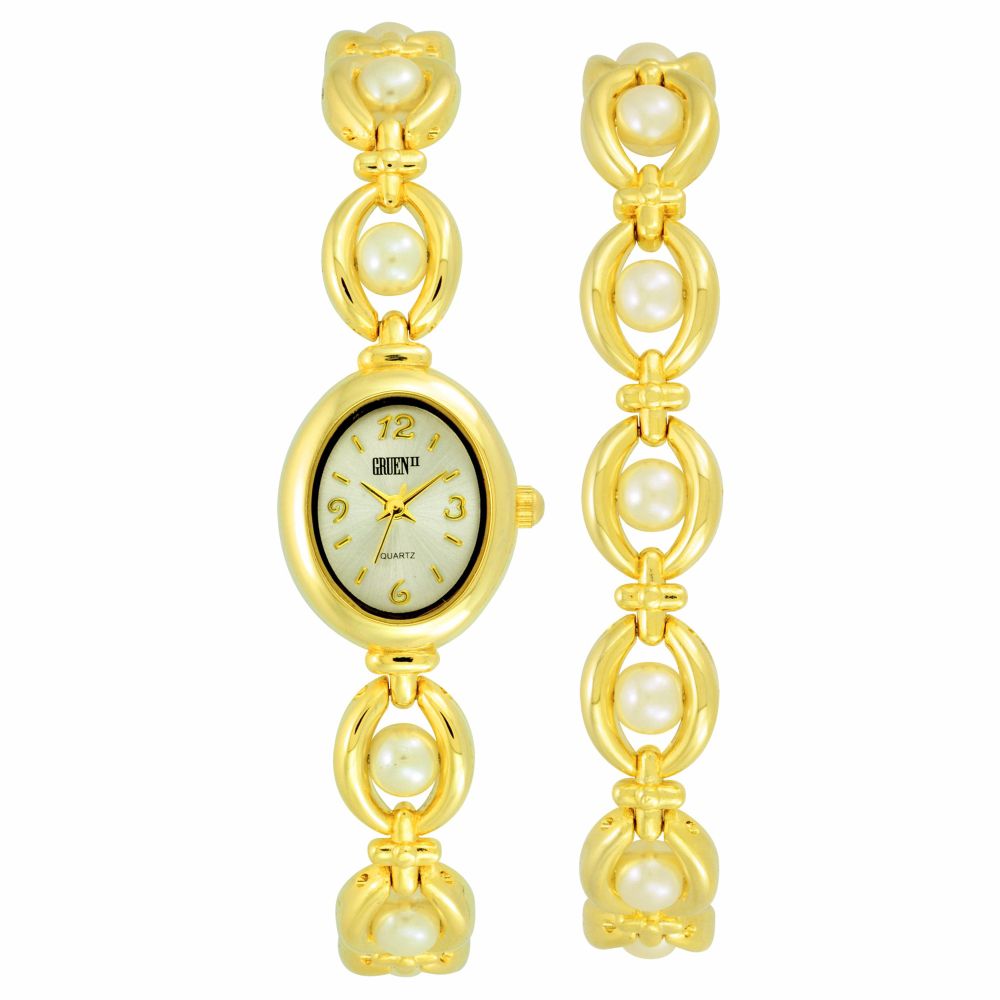 Gruen Ladies Watch and Bracelet Gift Set with Faux Pearl Accents in Goldtone at Sears.com