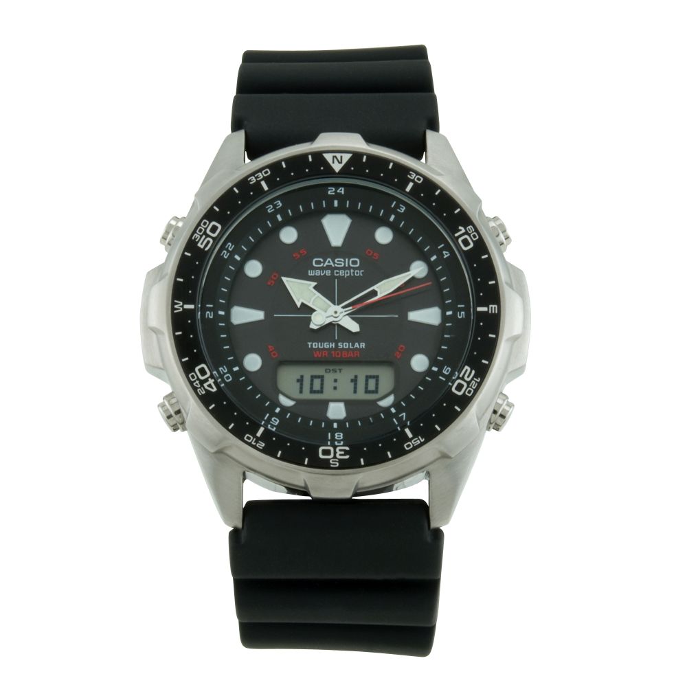 Mens Solar Power Waveceptor Watch w/Compass Design Black Dial & Resin