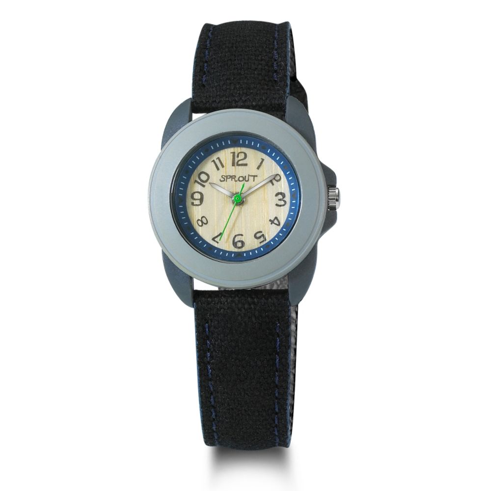 Sprout Biodegradable Watch w/Round Blue Case, Bamboo Dial and Black Cotton Band
