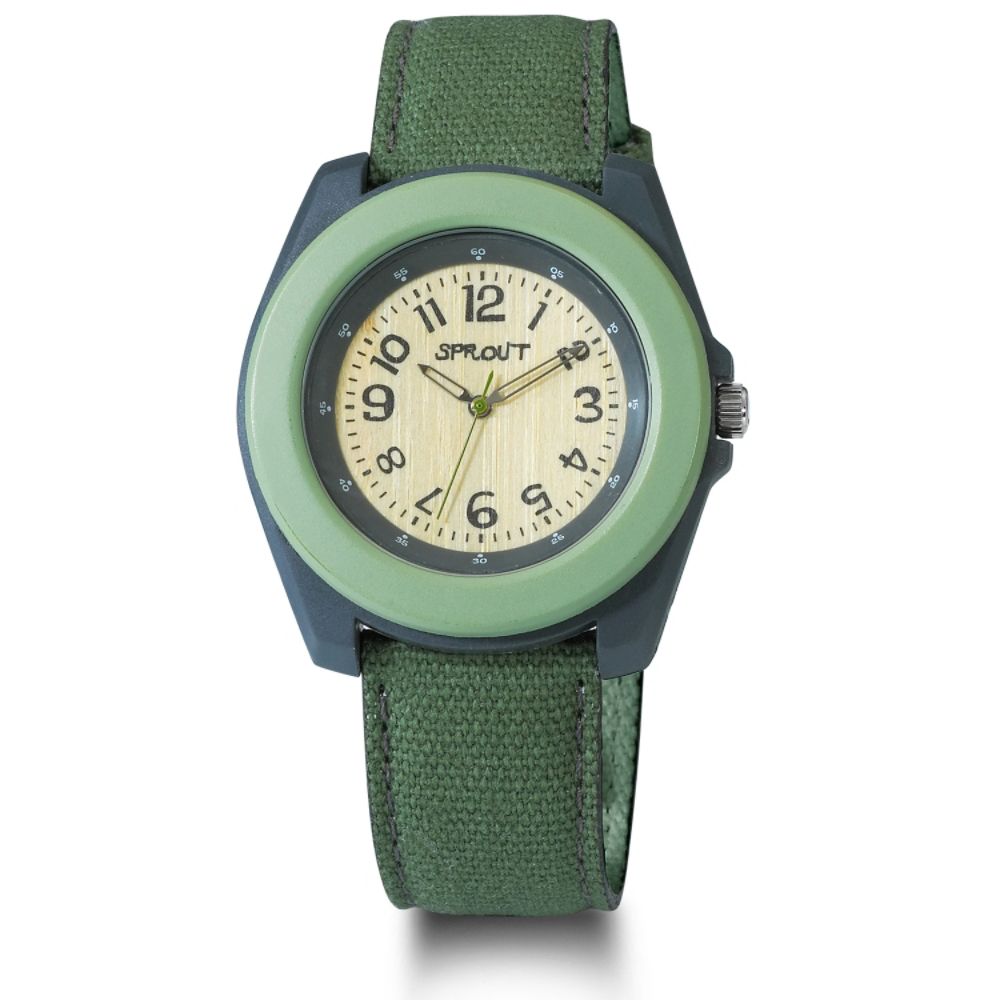 Sprout Biodegradable Watch w/Round Case, Bamboo Dial and Dk Green Cotton Band