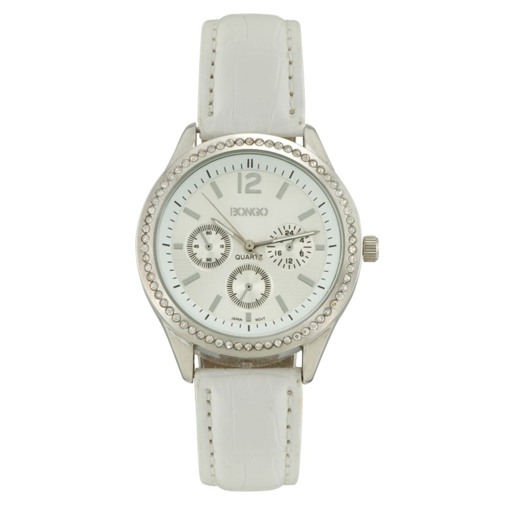 Bongo Ladies Watch with Multi-function Dial and White Leather Strap