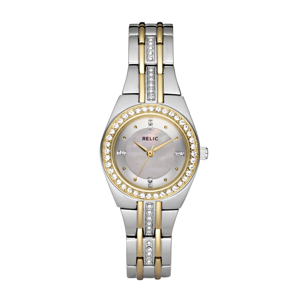 Relic Ladies Watch w/Crystal Accents, Round GT Case, White Dial and TT...