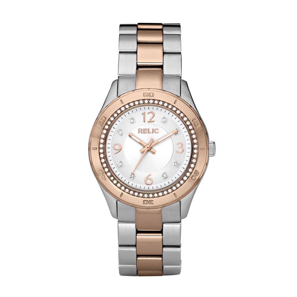 Relic Ladies Watch w/Round Rose Goldtone Case, White Dial and Two-Tone ...