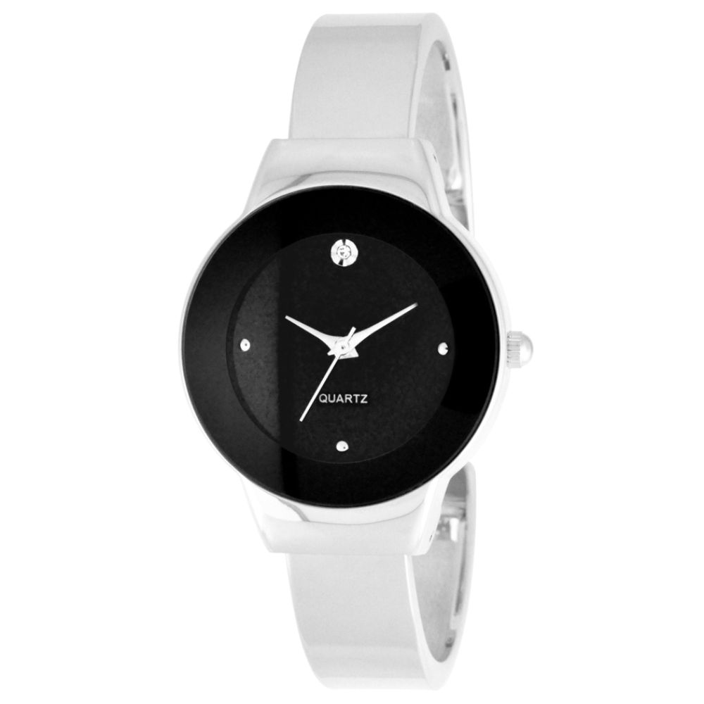 Ladies Dress Watch w/Black/ST Round Case, Black Dial and ST Bangle Band