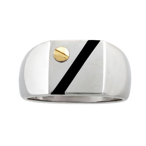 Mens Stainless Steel and Black Enamel Ring. 14K Yellow Gold