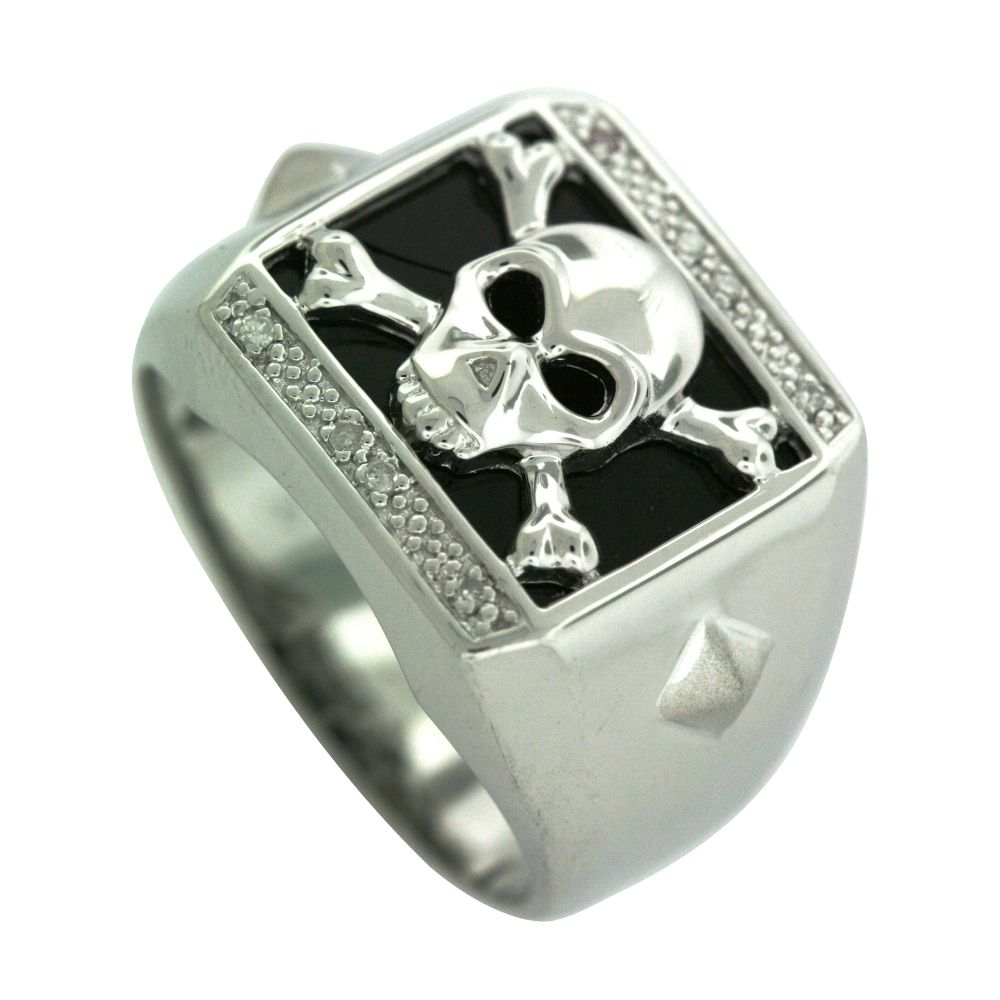 Mens Onyx and Diamond Accent Skull Ring in Sterling Silver