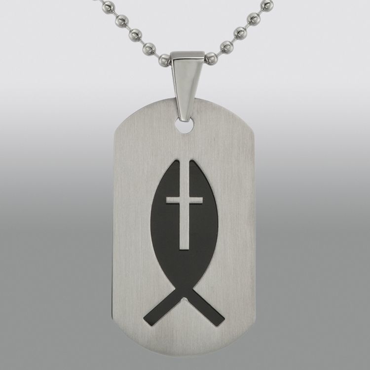 Silvertone Stainless Steel Double Dog Tags with Fish and Cross Design