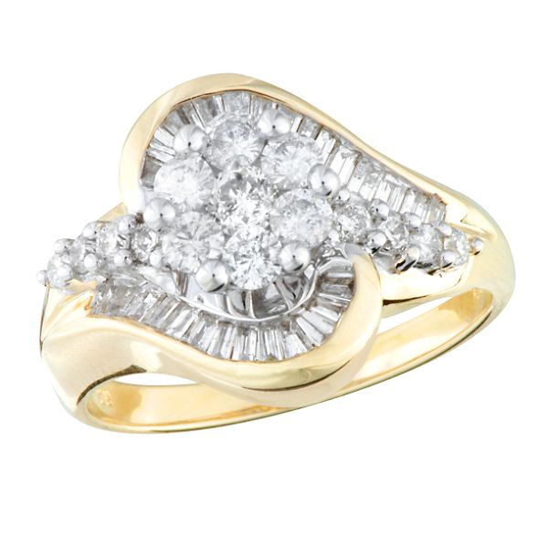 The superb detail of this engagement ring is a warmly glowing reflection of your love. With beauty beyond words, 27 round diamonds cluster amid swirls of 15 tapered diamonds (1 cttw) silhouetted in 14k two-tone gold.